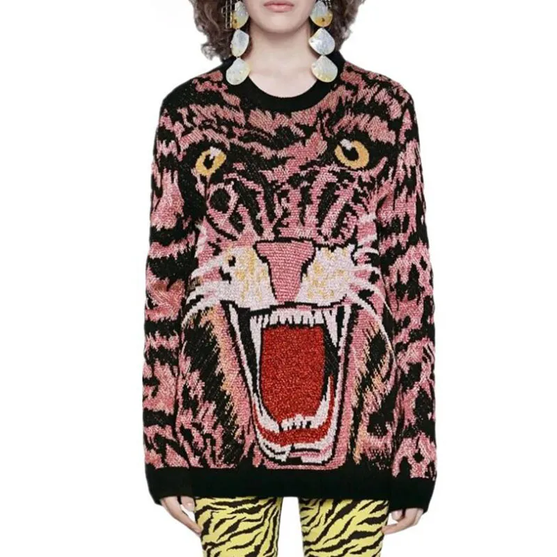 Harajuku Autumn Wool Blend Knitted Tiger Head Pattern Jacquard Sweater WOmen PUllovers Long sleeve Winter Fashion Sweater