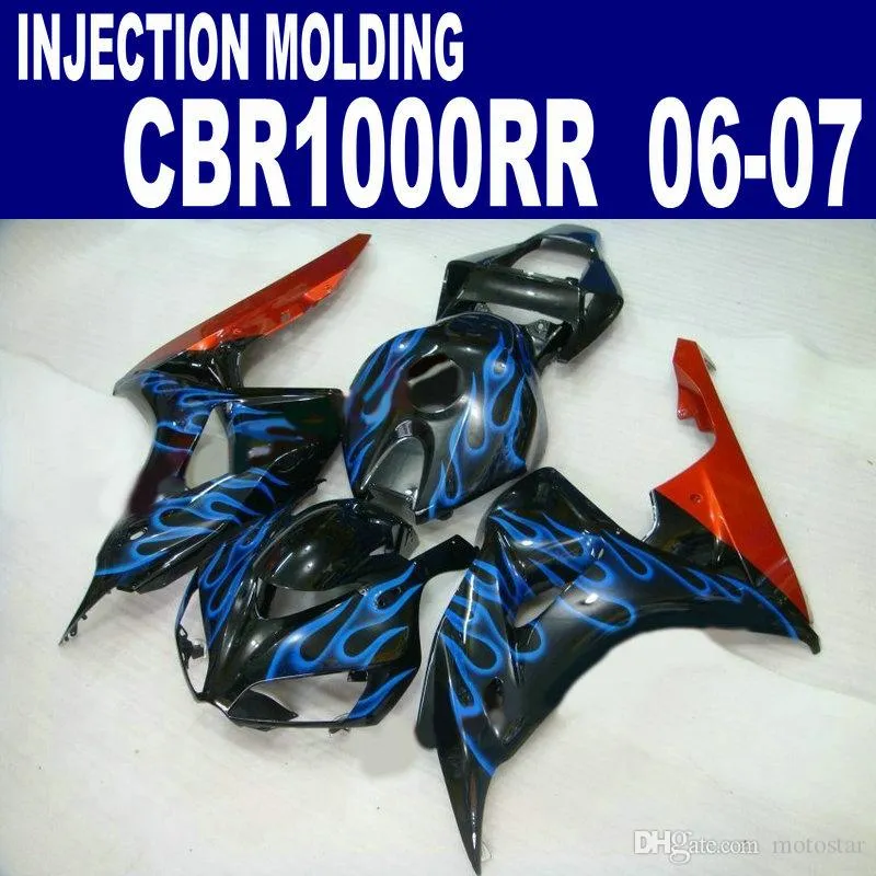 Injektionsform Motobike för Honda Fairings CBR1000RR 2006 2007 Blue Flames i svart Freeship Fairing Kit CBR 1000 RR 06 07 CP51