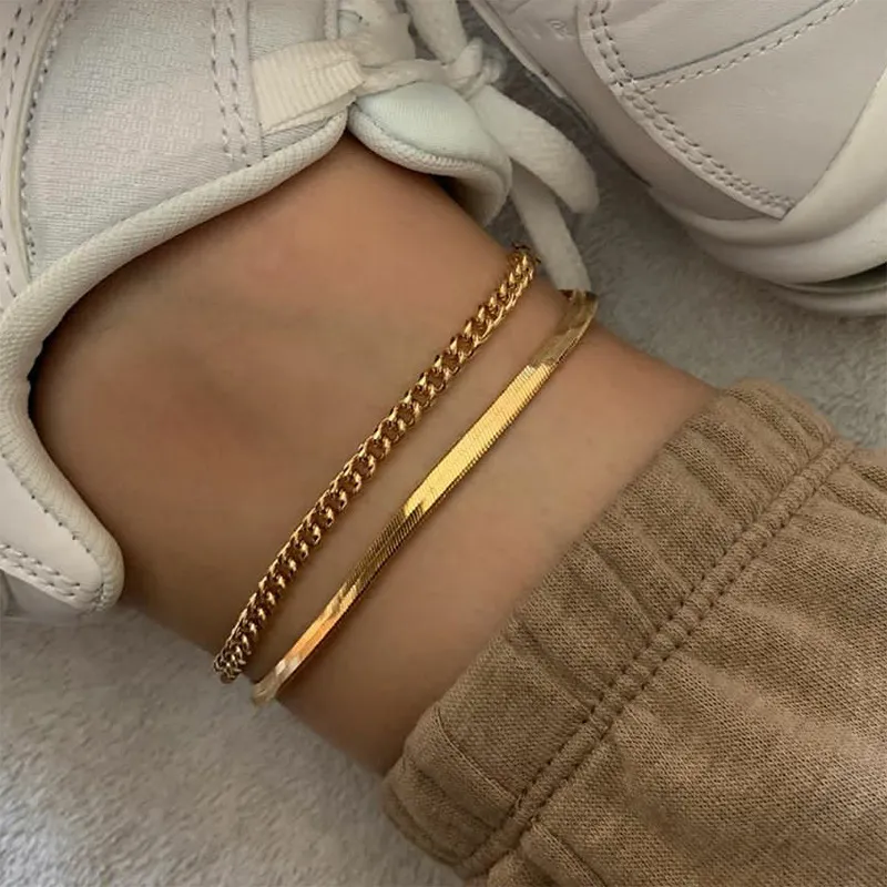 2020 Rose Gold Color Rostfritt stål Snake Chain Anklet Kvinnliga koreanska Simple Retro Foot Armband Beach Accessories Boho Jewelry