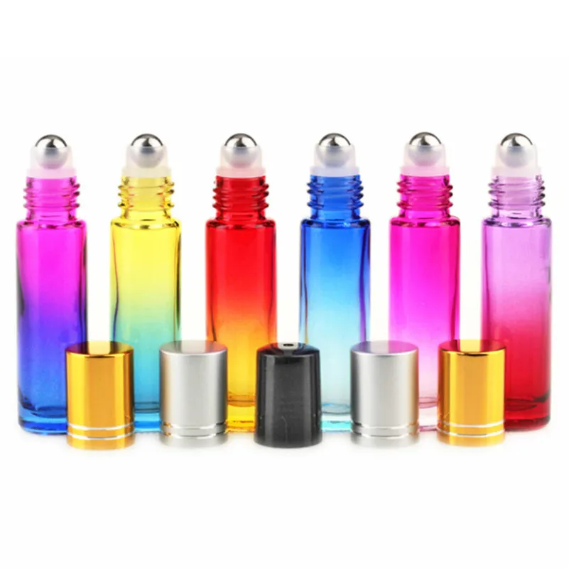 Moda 10ml Bottiglia di vetro arcobaleno Bottiglie di rullo di profumo vuote Viaggio portatile Rotolo di olio essenziale colorato sul contenitore