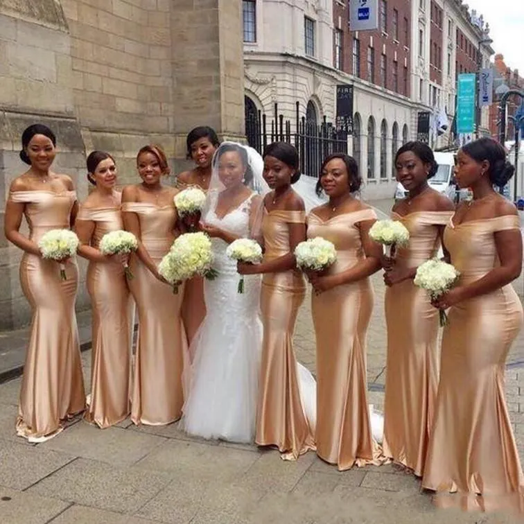 African Satin Mermaid Off Shoulder Bridesmaid Dresses Zipper Long Wedding Party Guest Dress Custom Made Dress