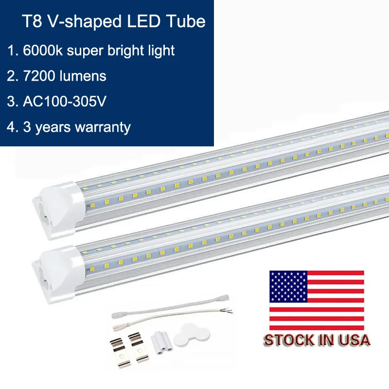 Stock aux États-Unis en forme de V T8 4 pieds 5 pieds 6 pieds 8 pieds porte de refroidisseur tube LED tubes LED intégrés double face SMD2835 lumières fluorescentes LED 100-305VAC