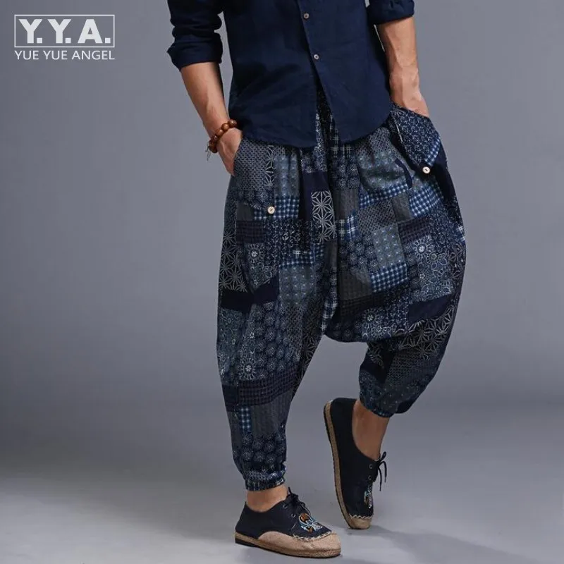 Hot Sale Mens Samurai Boho Casual Loose Harem Baggy Hakama Linen Japanese Pants Floral Printed Elastic Waist Cross-pants For Men