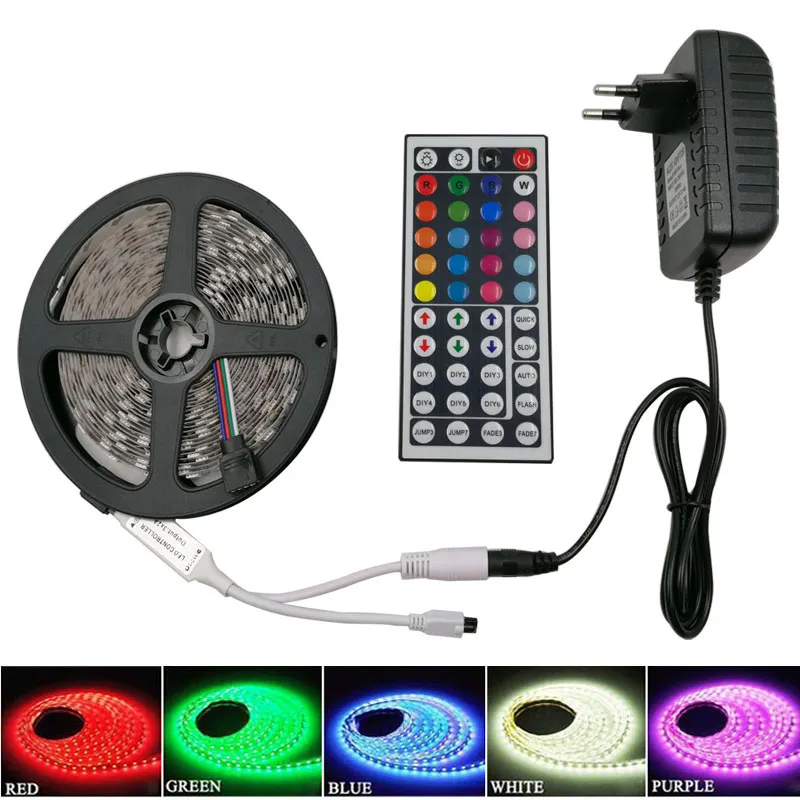 Color changing Led Strips Light RGB 5M 5050 SMD 300Led Waterproof IP65 + Mini 44Key Controller+ 12V 5A Power Supply With Box Christmas Gifts