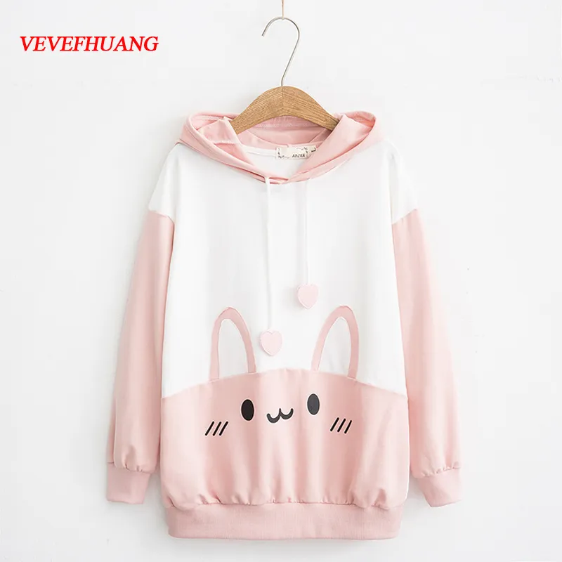 Spring Autumn Japanese Style Cute Rabbit Women Hoodie Kawaii Bunny Ears Graphic Fashion Sweatshirts Lovely Pink Blue Pullovers CJ191216