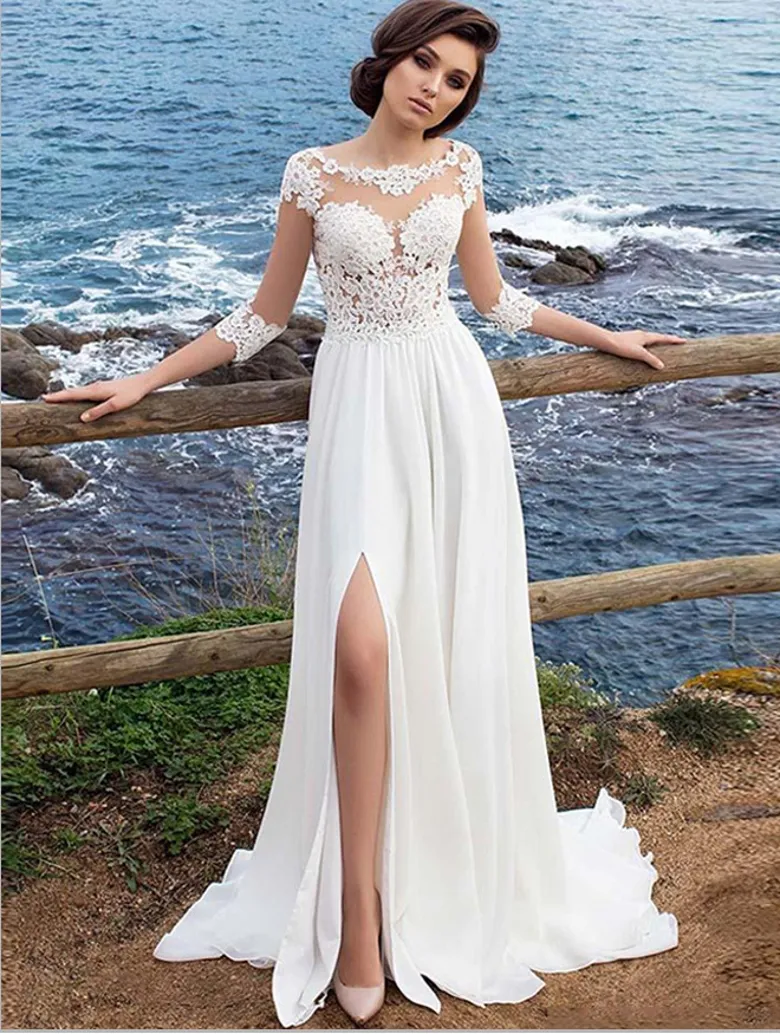 2022 Beach Millanova a line wedding dress with Sheer Lace Applique, Half Sleeves, High Split, and Chiffon - Perfect for Summer Bridal Gowns