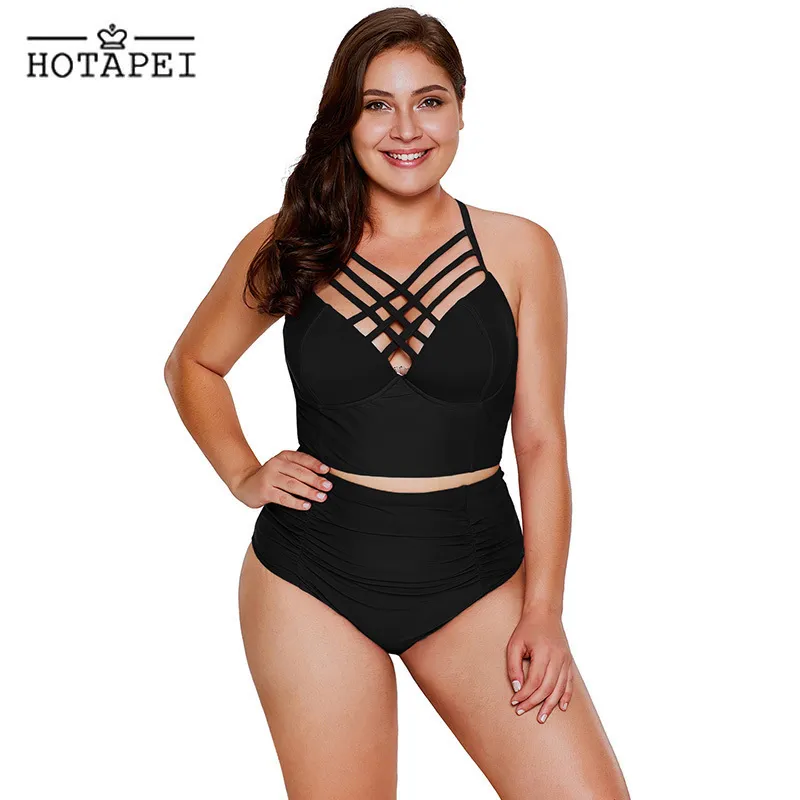 Hotapei New Plus Size Costumi da bagno Nero Strappy Neck Detail Costume da bagno a vita alta Lc410334 Costume da bagno sexy Beachwear per le donne Xxxl Y19052702