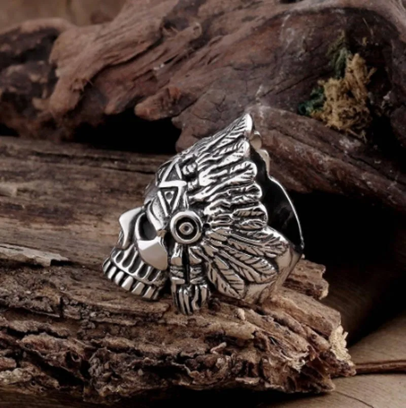 Fashion Jewelry Vintage 316L Stainless Steel Titanium Natives Skull Punk Ring For Men Halloween Gift Size 7-15271r