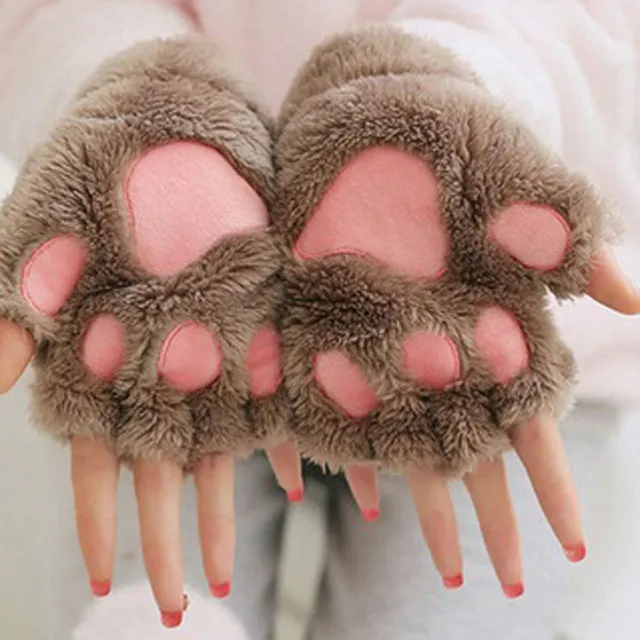 女性の女の子素敵なふわふわのベアキャットぬいぐるみ足の爪ハーフフィンガー手袋ミッテン冬の暖かい指のない手袋YD0438