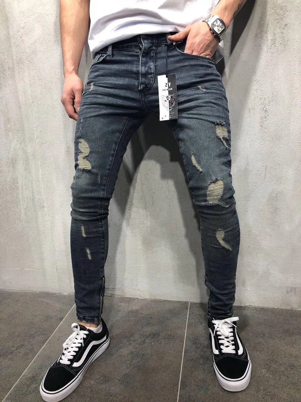 Yet1 Fashion Mens Jeans raka smala fit Biker Pants nödställda mager rippade förstörda denim tvättade hiphop