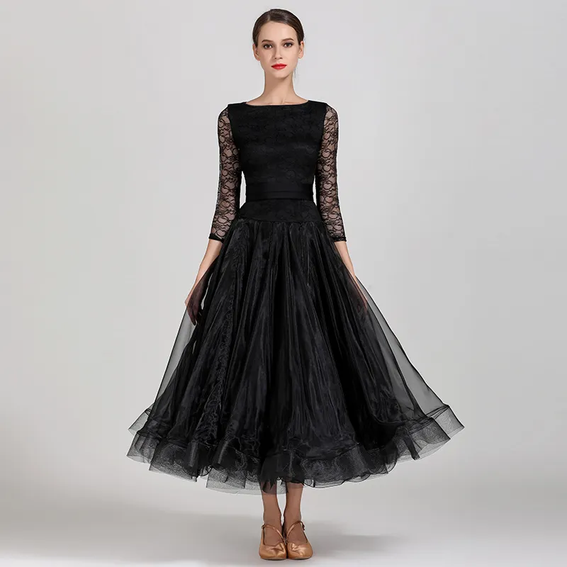 New Ballroom Dance Dress For Women Modern Waltz Standard Competition Dance Dress Black Red Blue High Quality 1 2 Sleeve Lace Dress2722