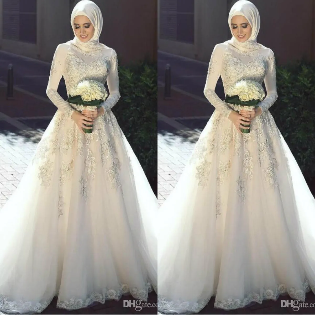 2020 vestidos de casamento muçulmano Lace Appliqued com Hijab mangas compridas vestidos de noiva Plus Size A linha de vestido de noiva Vestido De Novia