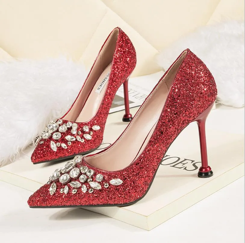 Mode Kristalle Hochzeit Schuhe 4 Zoll High Heels Strass Sexy Spitz Helle Pailletten Braut Schuhe Party Prom Dünne Schuhe für Wo291r