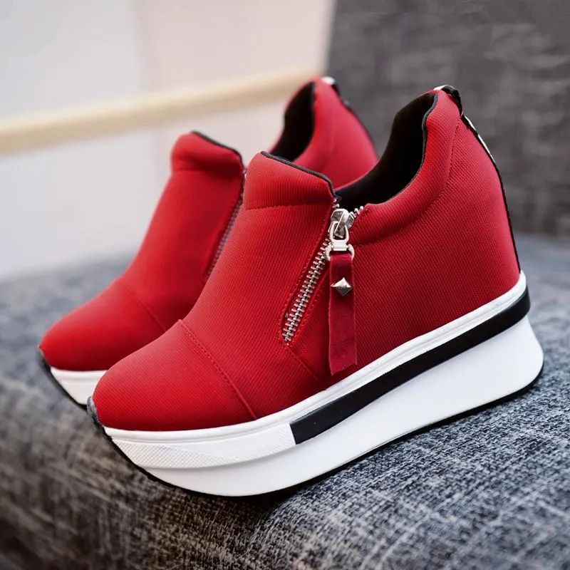 Hot Sale-2019 New Women Wedge Platform Shoes 7.5CM High Heel Zipper Casual Red Breathable Height Increaseing Canvas Shoes Woman Sneakers