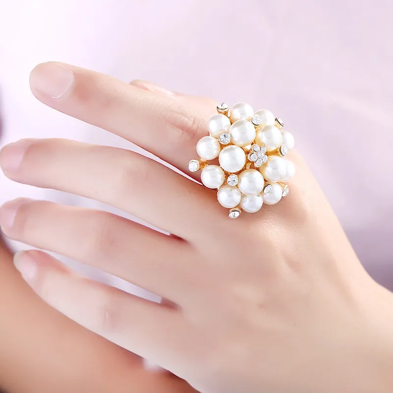 Wholesale-Accessories Personality Index Finger Opening Adjustable Pearl Crystal Ring Handmade Female Unique Jewelry Gift