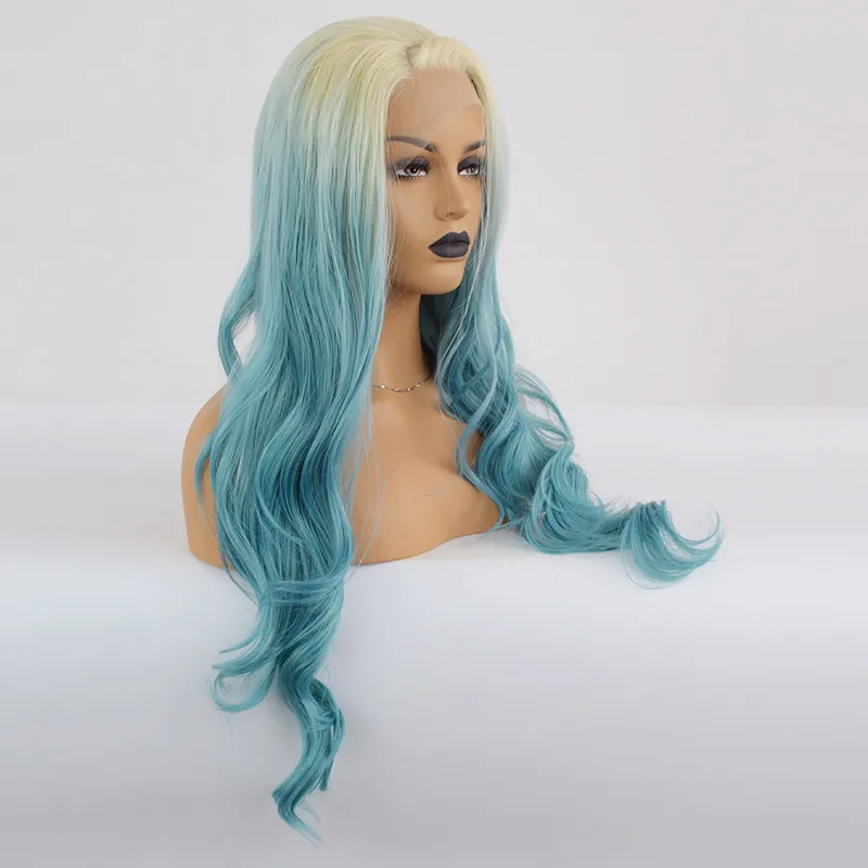 Wholesale Body Curly Lace Front Wig Ombre Blue Hair Heat Resistant Fibers Synthetic Lace Front Wig Glueless Half Hand Tied for All Women