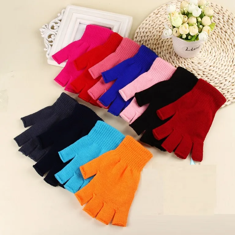 Mode femmes gants d'hiver 11 couleurs unisexe couleur unie tricot chaud mitaines demi-doigt élastique mode gants cadeaux de noël