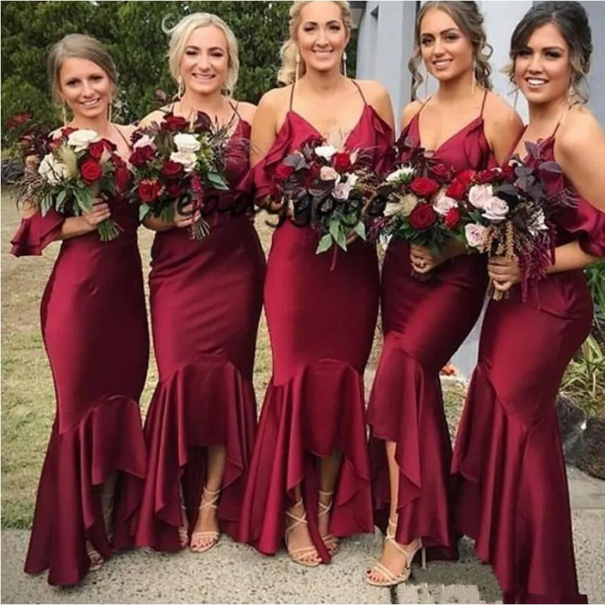 Dark Red High Low Burgundy Bridesmaid With Spaghetti Straps V