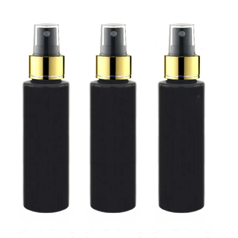 Hot 100ml plástico preto Perfume garrafa reutilizável Cosmetic Mulheres composição do ouro pulverizador de água contentores Atomizers preto