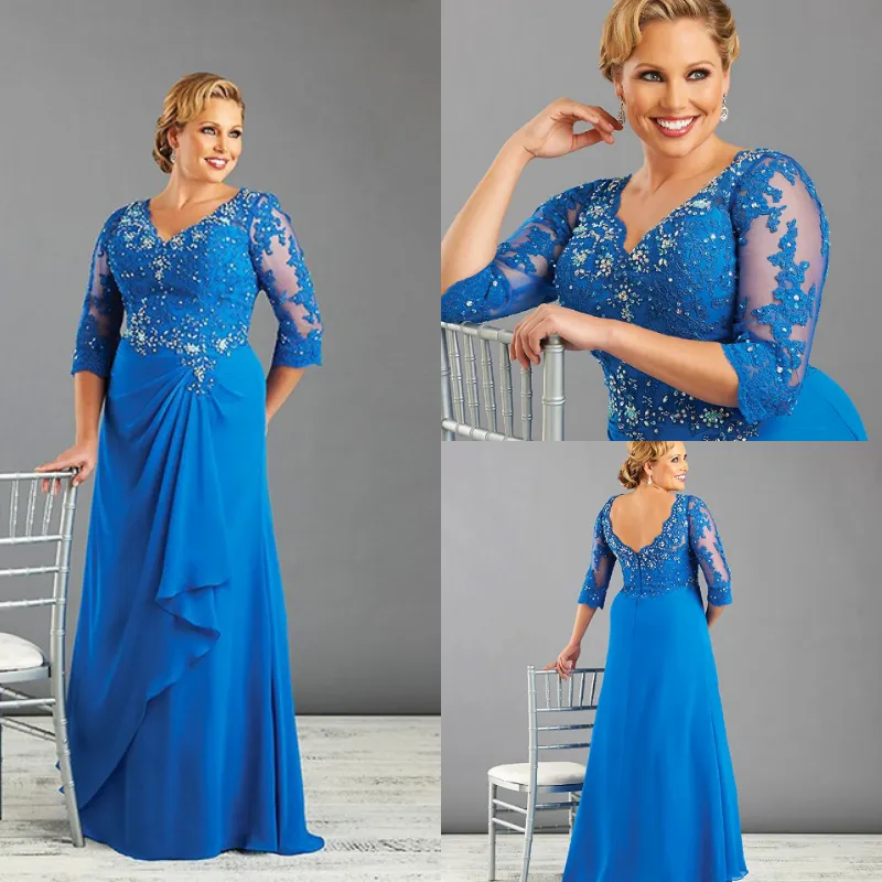 Elegante azul plus size mãe de vestidos de noiva moda v pescoço até o chão chiffon lace formal vestidos de noite para casamento de praia manga frisada