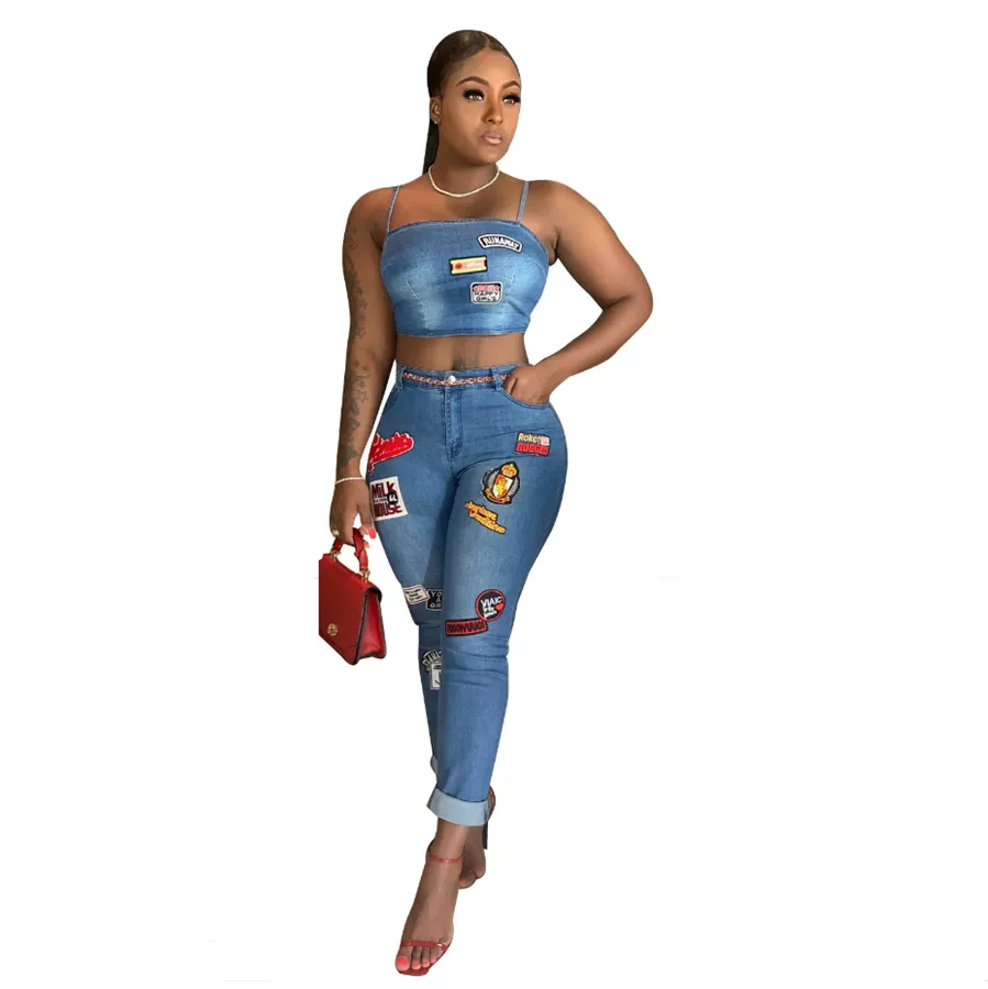 Cute Pattern Two Pieces Women Jeans Sets Spaghetti Slash Neck Sleeveless Short Top and Fashion Denim Pants Outfits Girls Streetwear Pants