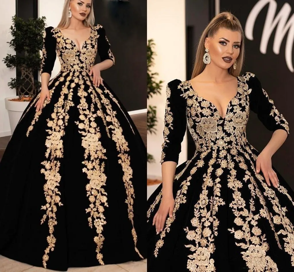 Save Big on Bulk Black Gold Quinceanera Dresses Vintage Black Gold  Embroidery Prom Quinceanera Dresses Long Sleeve V Neck Ball Gown Sweet 16  Dress