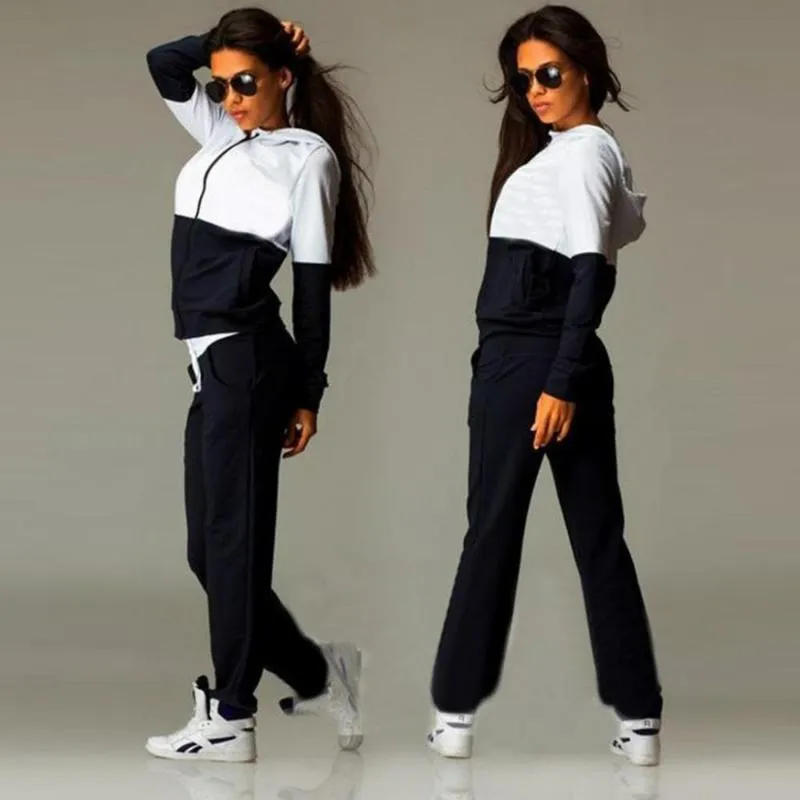 Mode 2pcs Set Sweat-shirt Femmes Sweat-shirt Patchwork Couleur Femme Suit Capuchon Zip Up Sweat à capuche + pantalons longs Tracksuits Hoodies