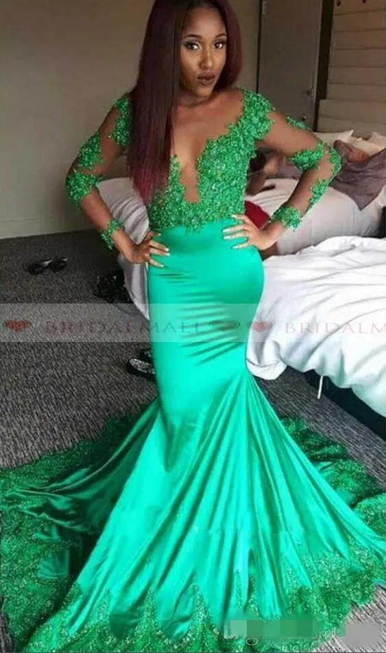 Green Sheer Neck Prom Dresses Long Sleeves Lace Applique Mermaid Sweep Train Elastic Satin Evening Formal Wear Party Gowns