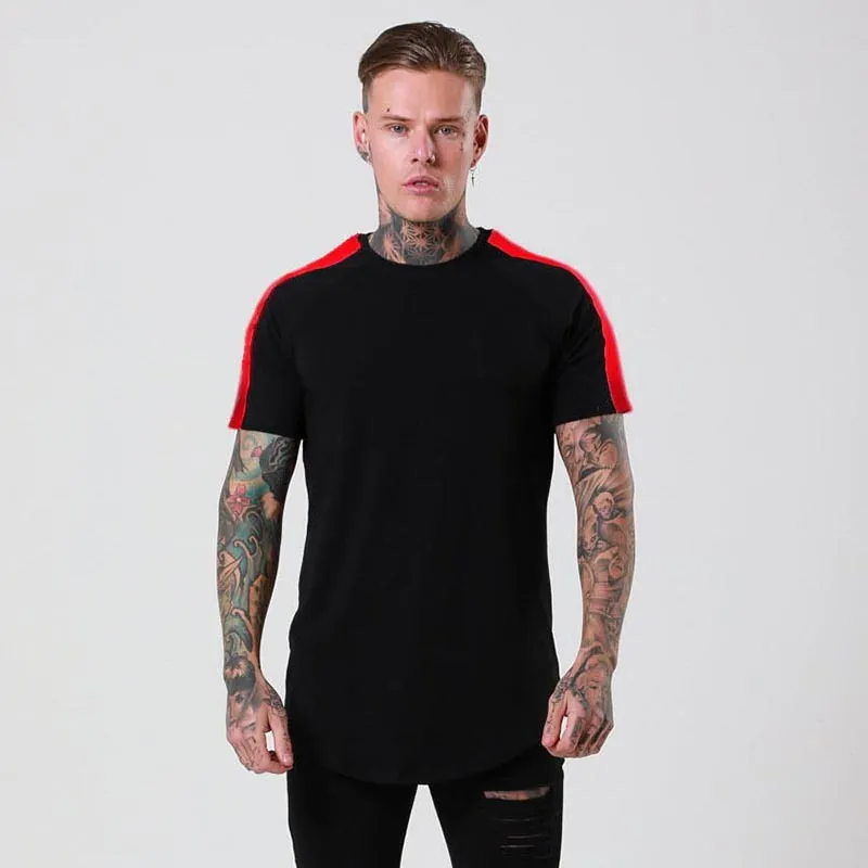 Homens de fitness Tops Roupas de Manga Curta Muscle T Camisa de Algodão Musculação Listrado Patchwork T-shirt Masculinas Roupas