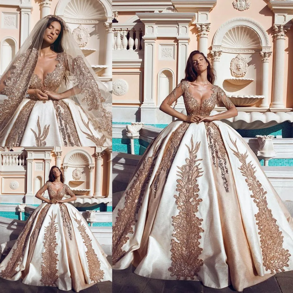 Shiny Gold Lace Sequin Turkish Wedding Dress With Long Sleeves