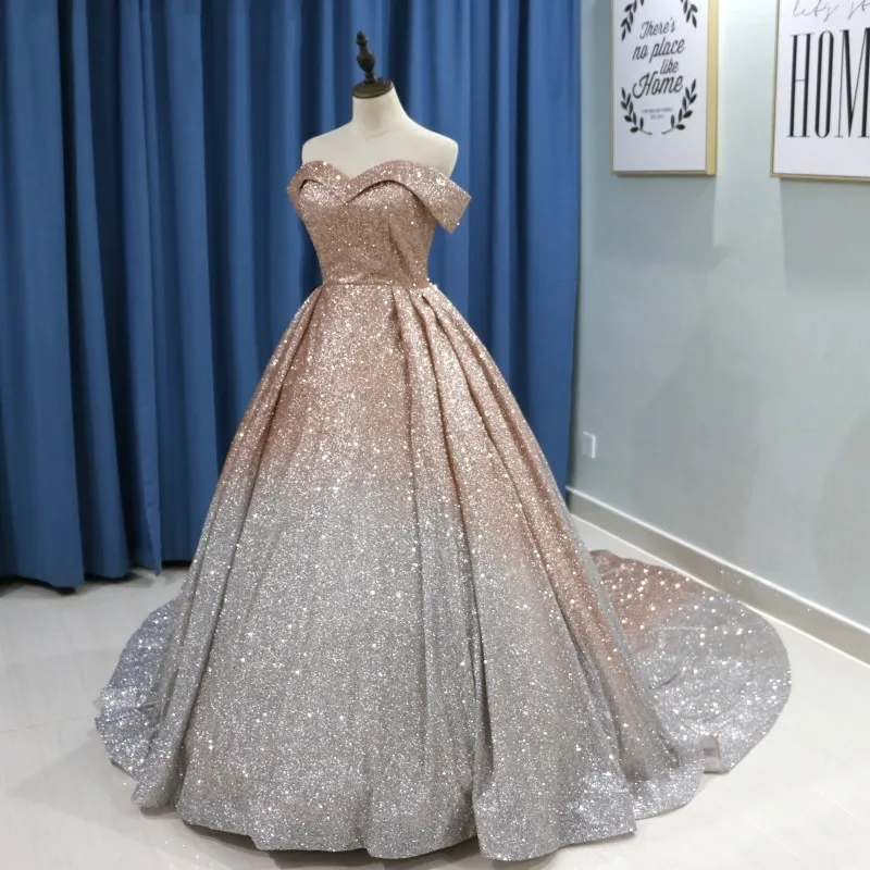 Ombre Gold To Silver Prom Vestidos de quincea era 2019 Vestidos de fiesta Vestido dulce 16 Lentejuelas caras con hombros descubiertos Vestido de