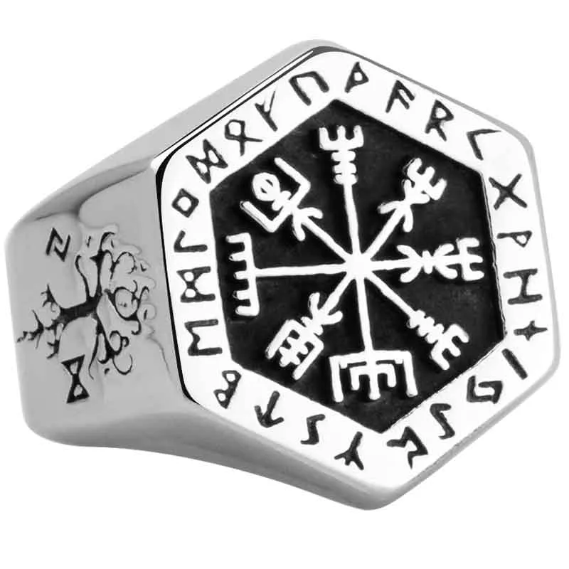 Vegvisir Paslanmaz Çelik Yüzükler Adam Için Nordic Mitolojisi Viking Rune Endeksi Yüzük Moda Takı