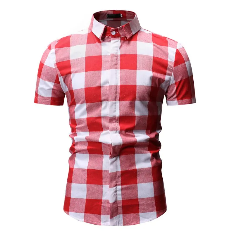 New Fashion Mens Slim Fit Plaid Shirt In Red And White For Summer ...
