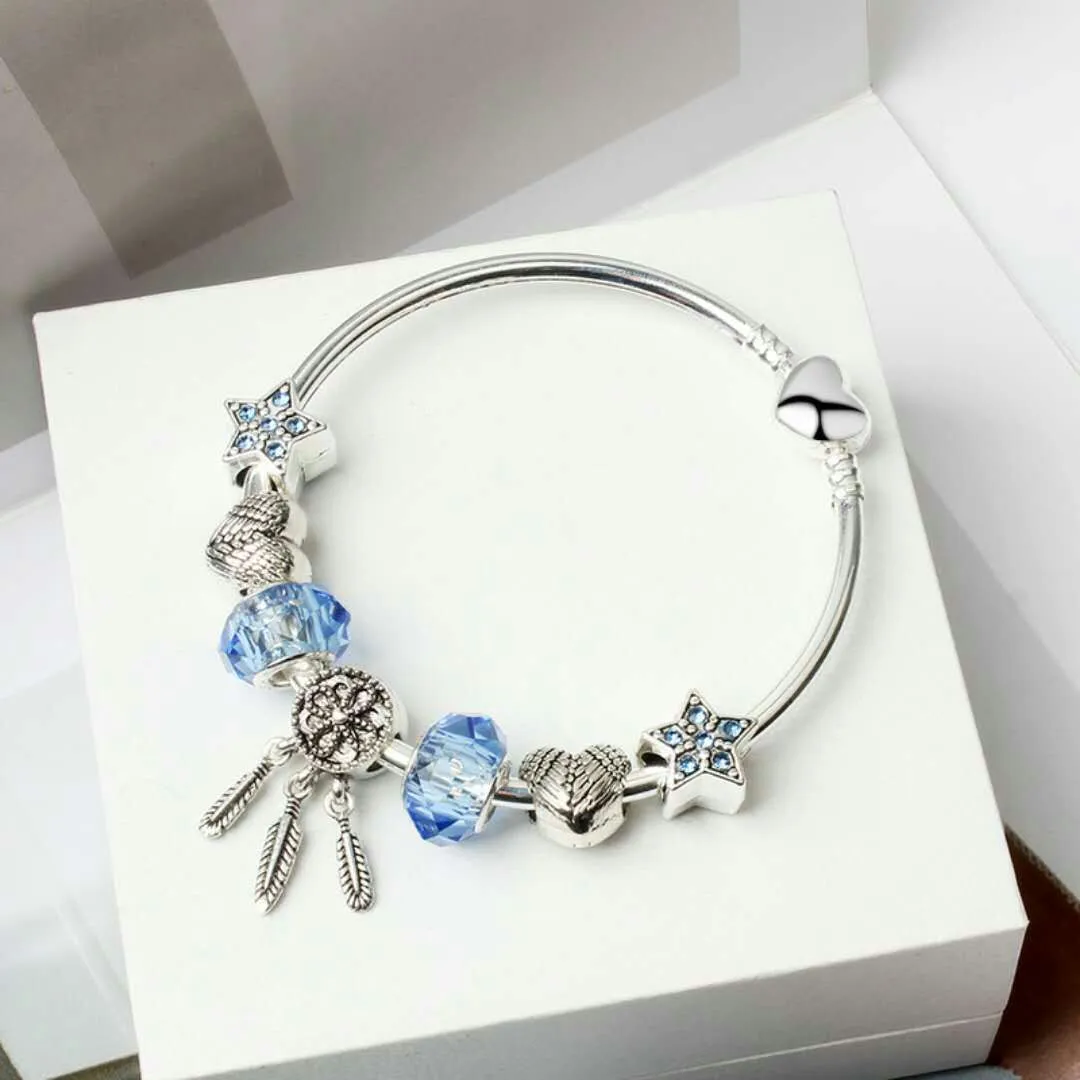 Großhandels-Charme-Korn-Armband-Art- und Weisearmband-Traumfänger-Anhänger-925-Silber-Armband-blauer Stern-DIY Schmuck-Zusätze Hochzeitsgeschenk