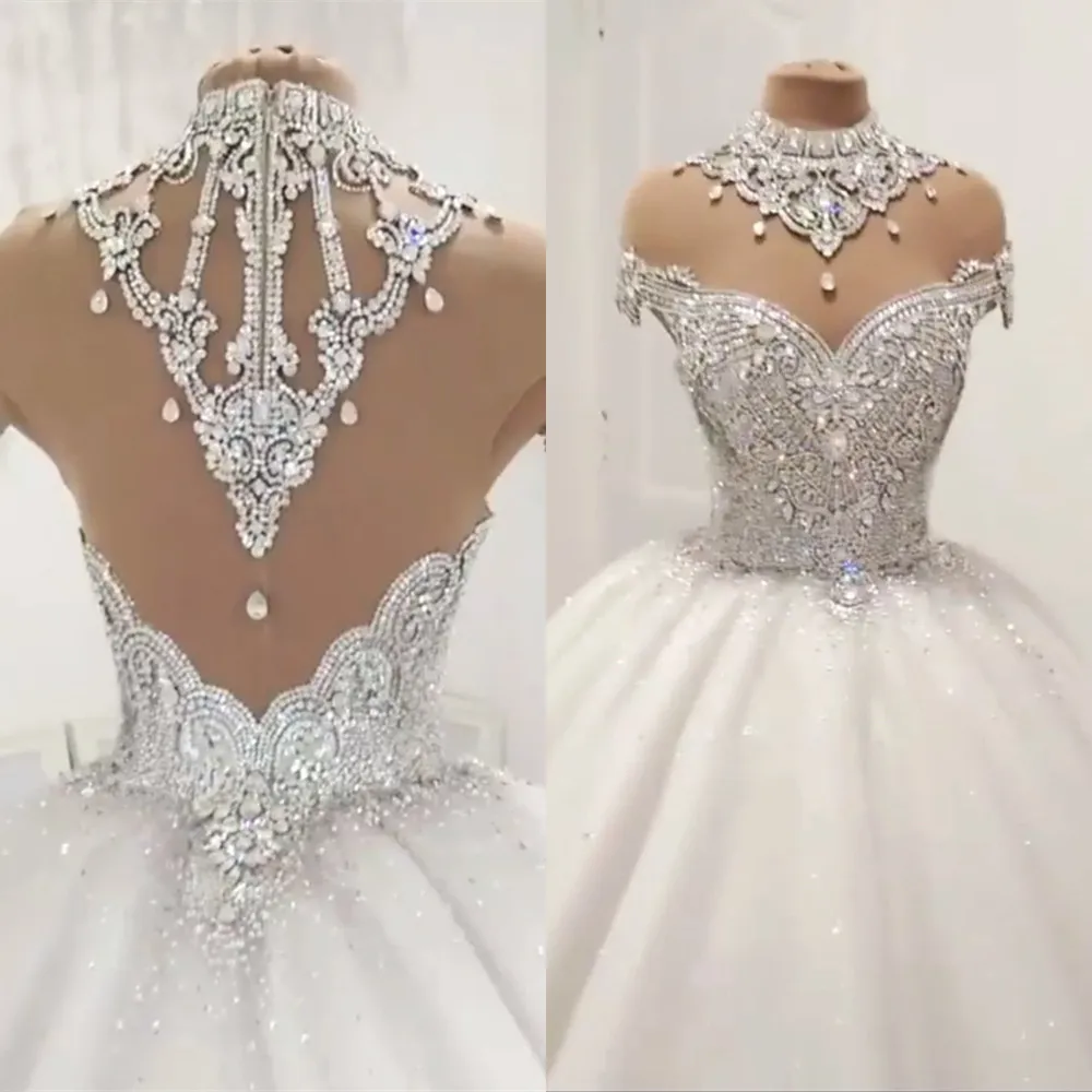 Luxury Ball Gown Wedding Dresses Sheer Cap Sleeves Tulle Diamond Crystal Beaded Plus Size Princess Puffy Custom Made Wedding Bridal Gowns