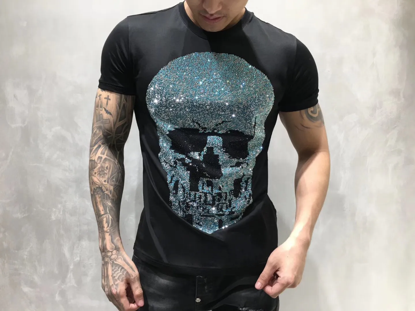 Duyou Erkek Tasarımcı T Shirt Erkekler Kısa Kollu Moda Rhinestone Renkli Kafatasları Adam T-shirt Erkek Yüksek Kaliteli Merserize Pamuk Üst Tees