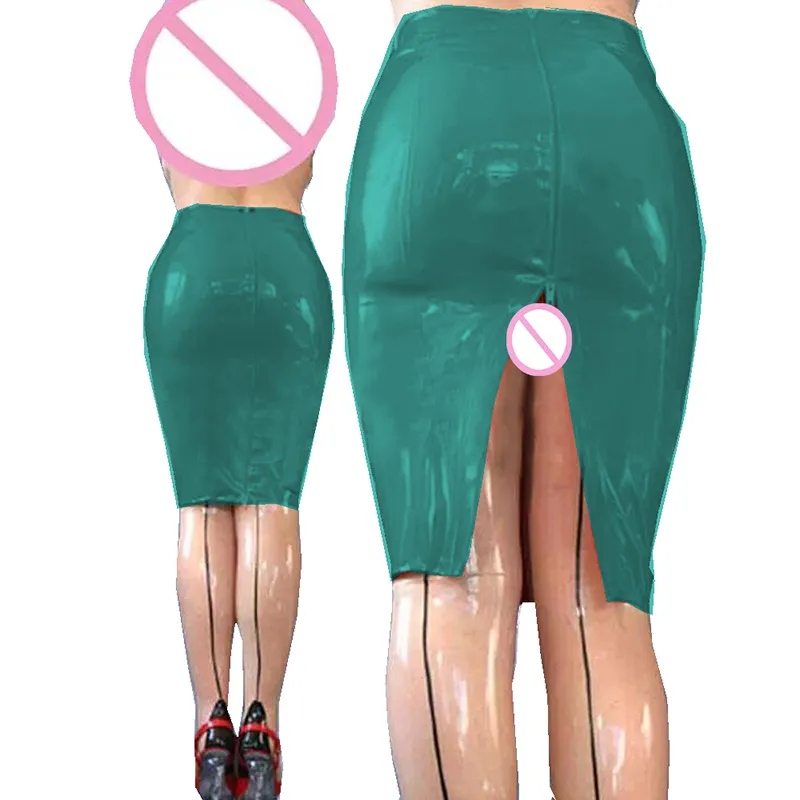 11 Colors Wet Look PVC Pencil Knee Length Split Skirt Ladies Bodycon Midi Skirt Sexy Package Hips Back Full Zipper Bottoms