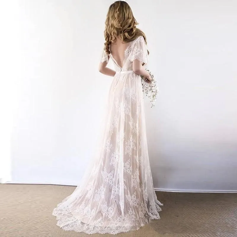 boho wedding dress short sleeves Short Sleeve Boho Lace Wedding Dresses Cheap Rustic Country Wedding Dress AWD1201