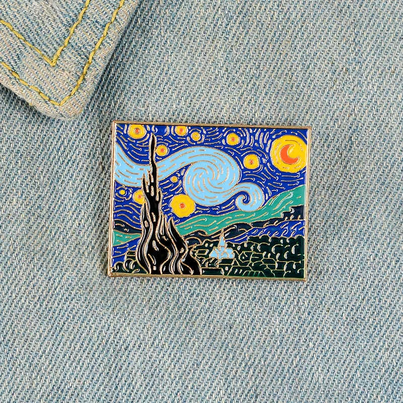 Van Gogh Retro Pins Starry Night Night Black Broches for Women Pintura a óleo Pintura de arte Pin Pin Gifts