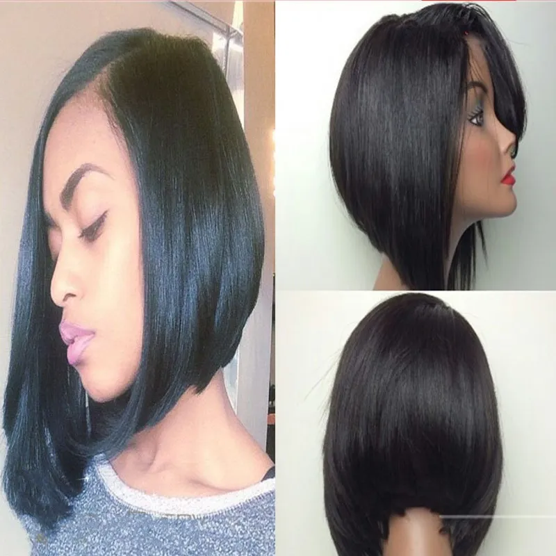 Sidodel Korta Bob Lace Wig Brasilian Full Lace Front Parykor Svart / Brun Färg Syntetisk Lace Paryk för svarta Kvinnor Med Barnhår