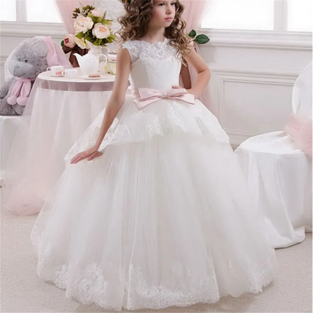 2020 Vit Elfenben Bloemenmeisjes Jurk Barn Första Kommunen Klänningar För Tjejer Boll Gown Belt Rosa Elegant Flower Girl Dress