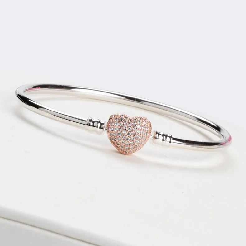 NUEVO Rose Gold Heart CZ Diamond Bangle Bracelet Set Caja original para Pandora 925 Sterling Silver Mujeres Pulseras de boda Accesorios de joyería