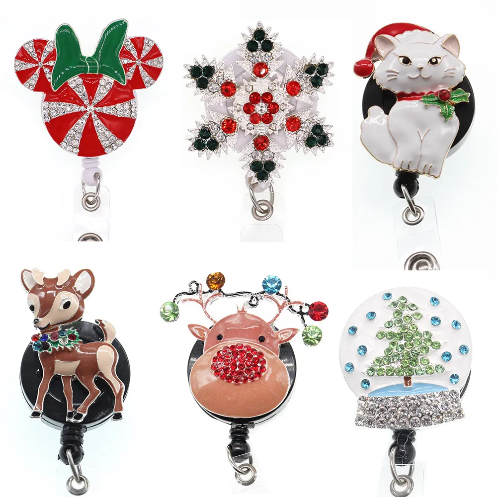 Anéis -chave Shinestone Árvore de Natal/gato/veado/Snowflake Metal Belge Reel Retor de identificação retrátil para presente de natal presente