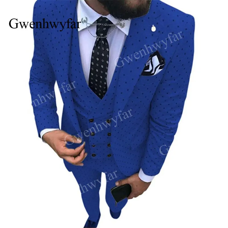 Новый дизайн 20193 шт Пятно свадебные костюмы синий для мужчин Slim Fit Мужские костюмы Формальное Burgundy Фиолетовый Желтый Красный Белый костюм человека