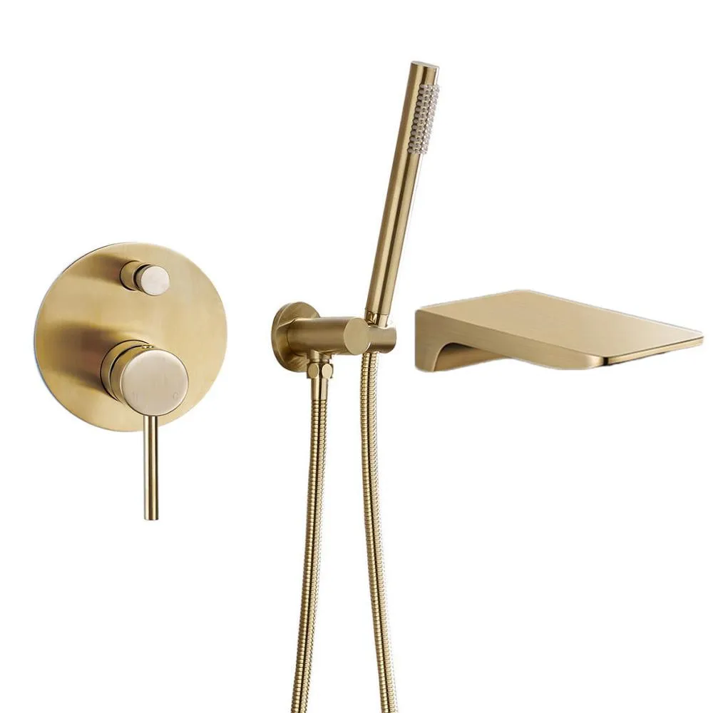 Large Flow Brass Bath Tub Waterfall Tub Faucet With Valve Trim Kit And Handheld Shower Head