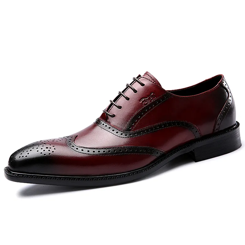 Luxury Classic Genuine Leather Men Wedding Brogue Oxford With Wingtip Lace Up Burgundy Office Party Formal Dress Shoes