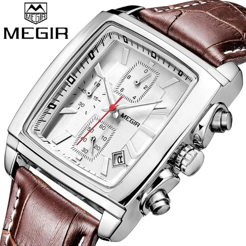 MEGIR Original Watch for Men with GIFT BOX Rectangle Quartz Watches Waterproof Luminous Leather Wristwatch Male Clock