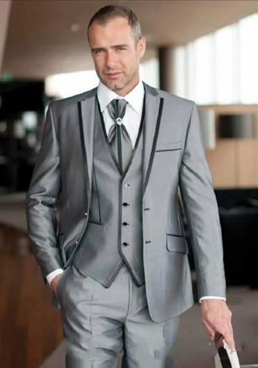 Silver Grey Groom Tuxedos Notch Lapel Groomsman Wedding Tuxedos Mężczyźni Prom Party Jacket Blazer 3 szt. Garnitur (kurtka + spodnie + krawat + kamizelka) 2268 \ t