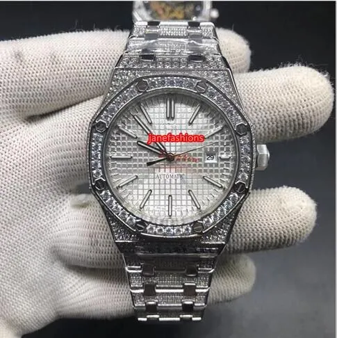 Populair herenhorloge met volledige diamanten, zilverkleurig roestvrij staal diamanten horloge, wit gaasoppervlak, automatisch mechanisch door-de-sporthorloge