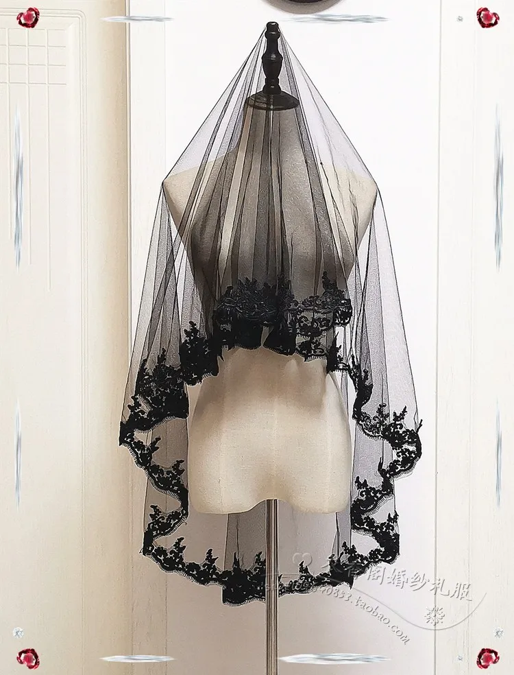 60-80cm Black tulle wedding veils voiles de mariage bridal veils with lace applique wedding dresses bridal gowns